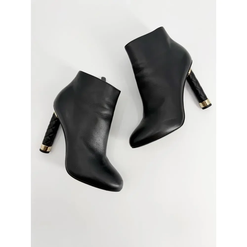 Chanel Black Calfskin Leather Quilted Pole Heel Ankle Booties Size 39 EU Dustbag